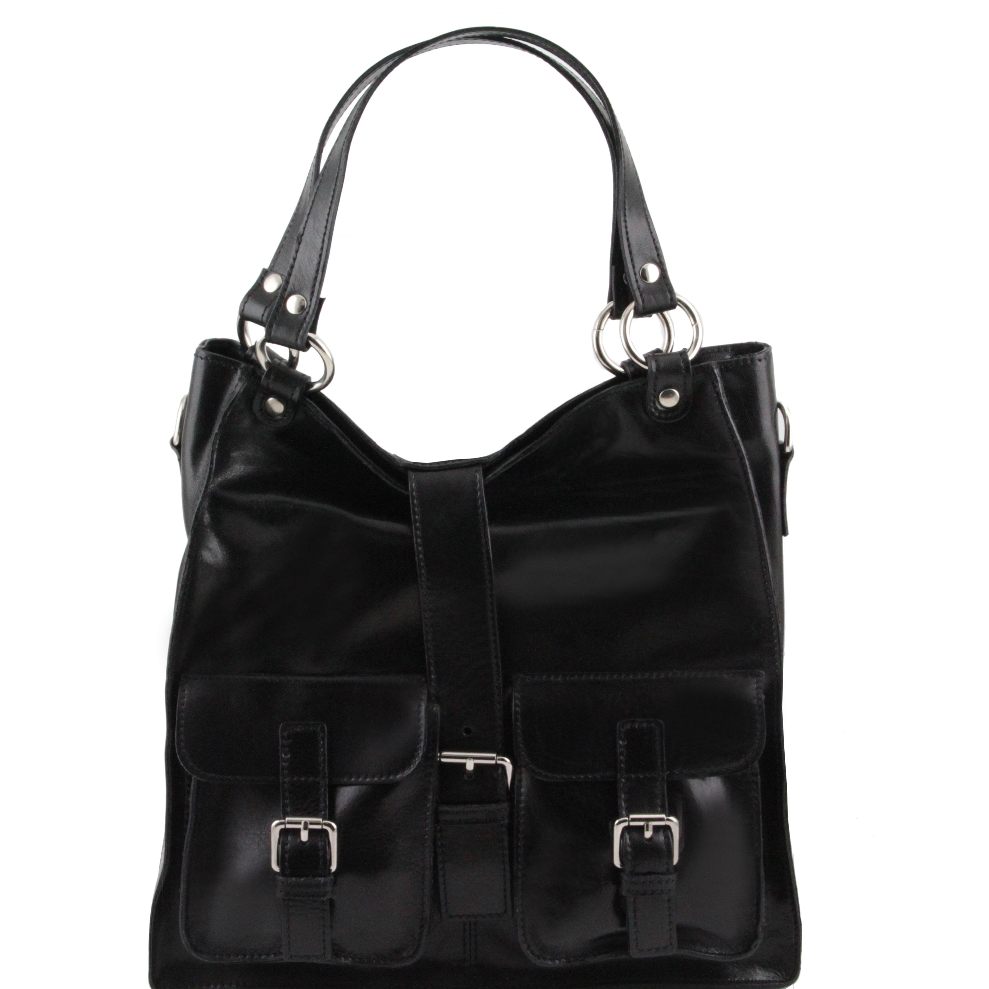 MELISSA - Geanta din piele neagra cu buzunare frontale