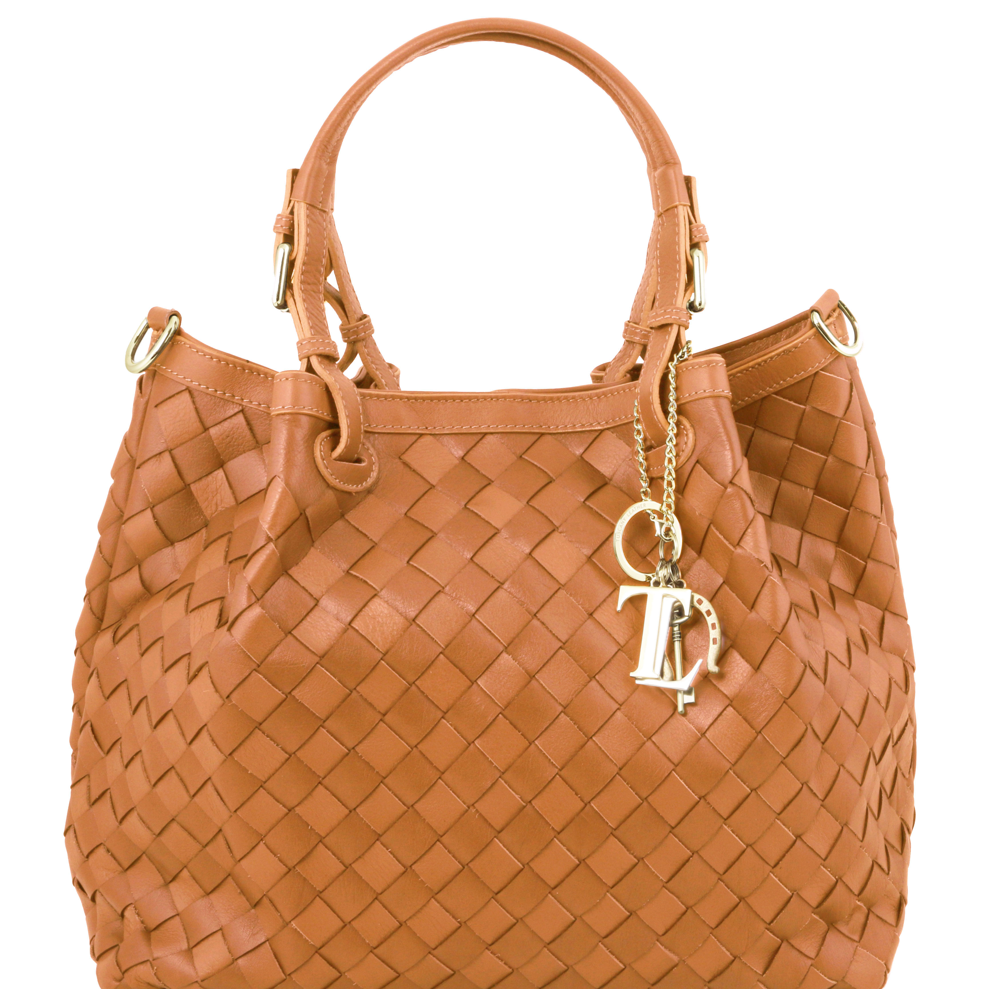 TL Keyluck - Geanta impletita din piele cognac