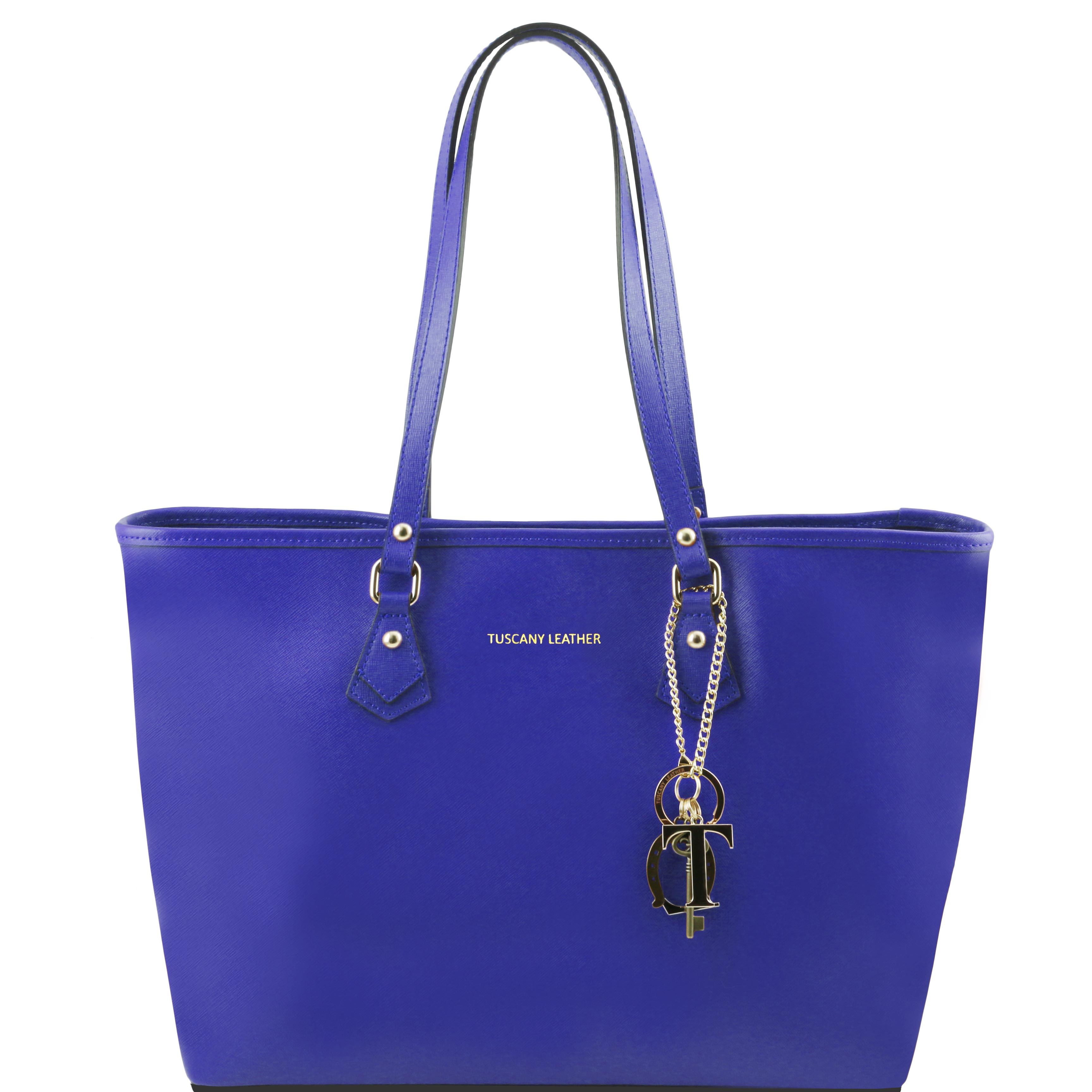 TL KeyLuck - Geanta shopping din piele Saffiano albastra