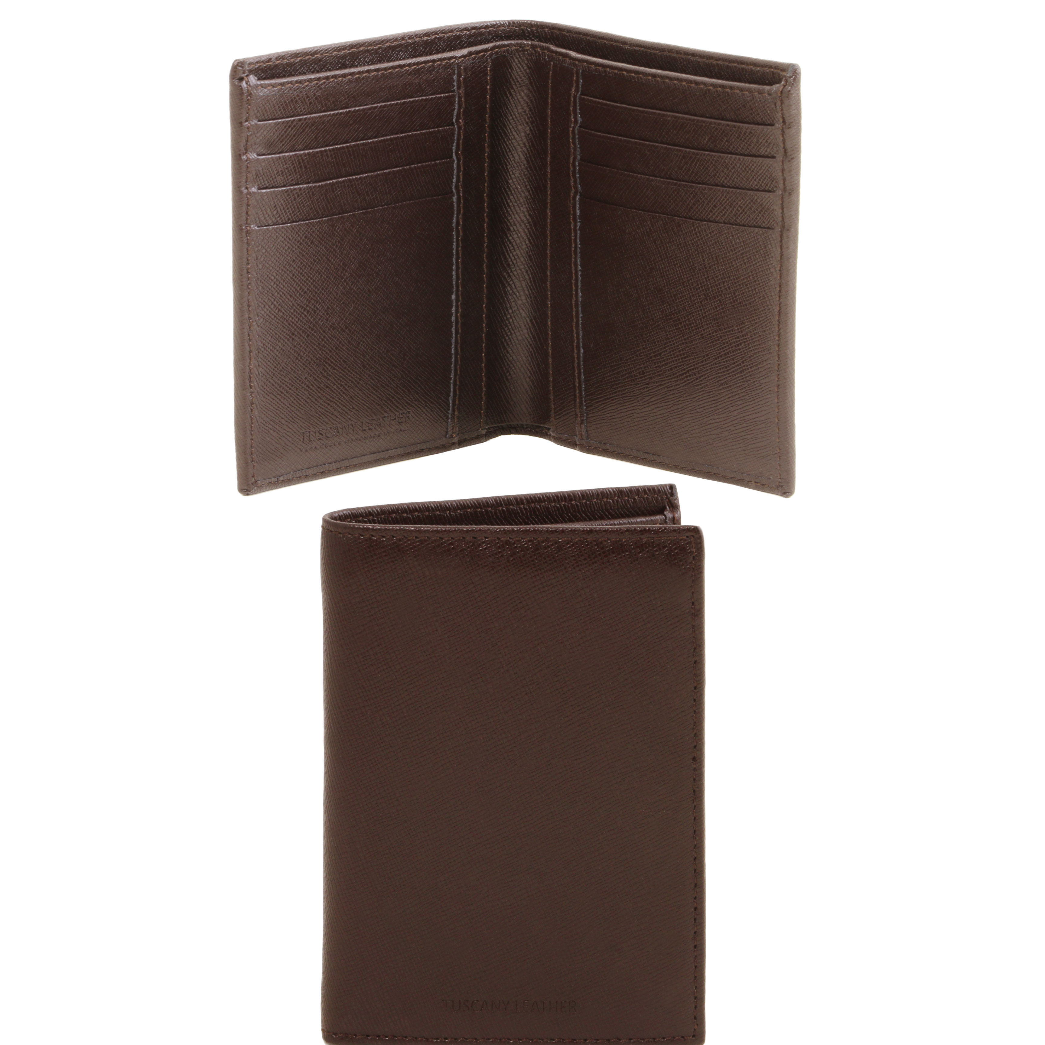 Exclusive Saffiano leather 2 fold vertical wallet for men Dark Brown