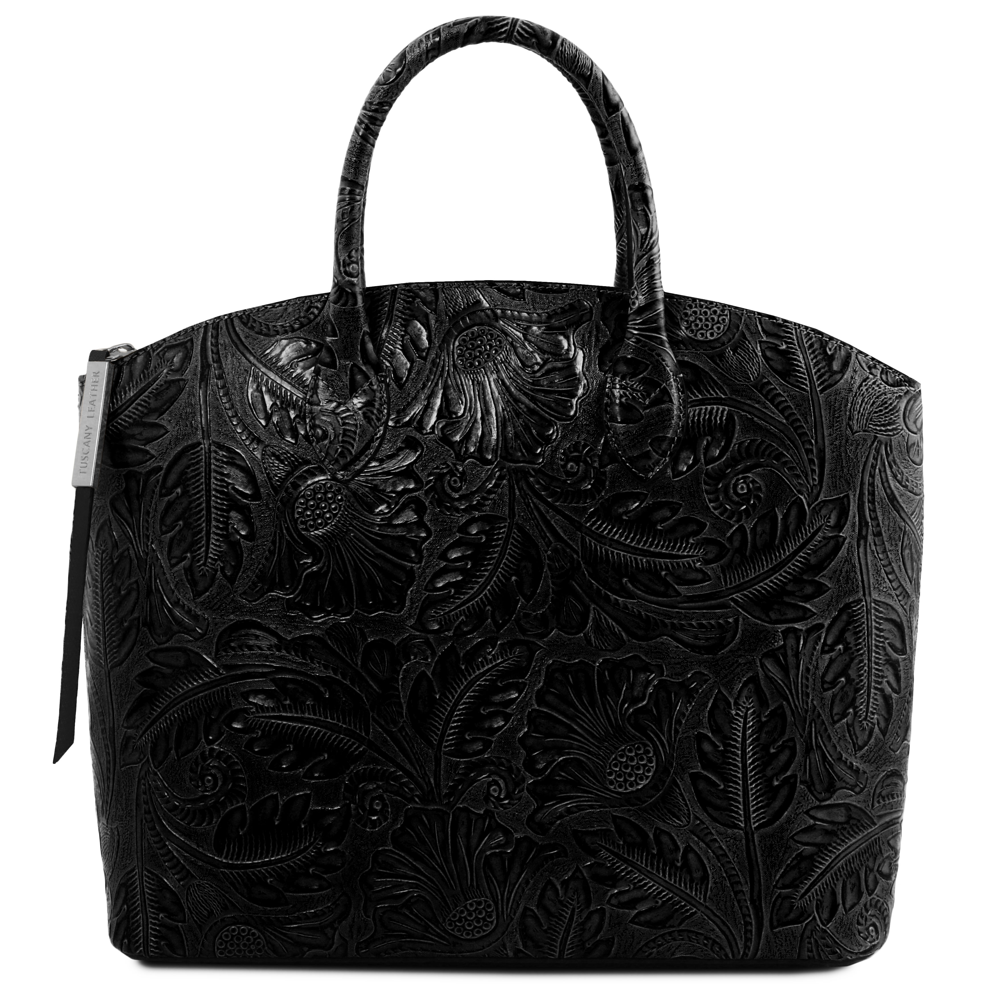 Geanta piele naturala dama Tuscany Leather, neagra, cu imprimeu floral Gaia