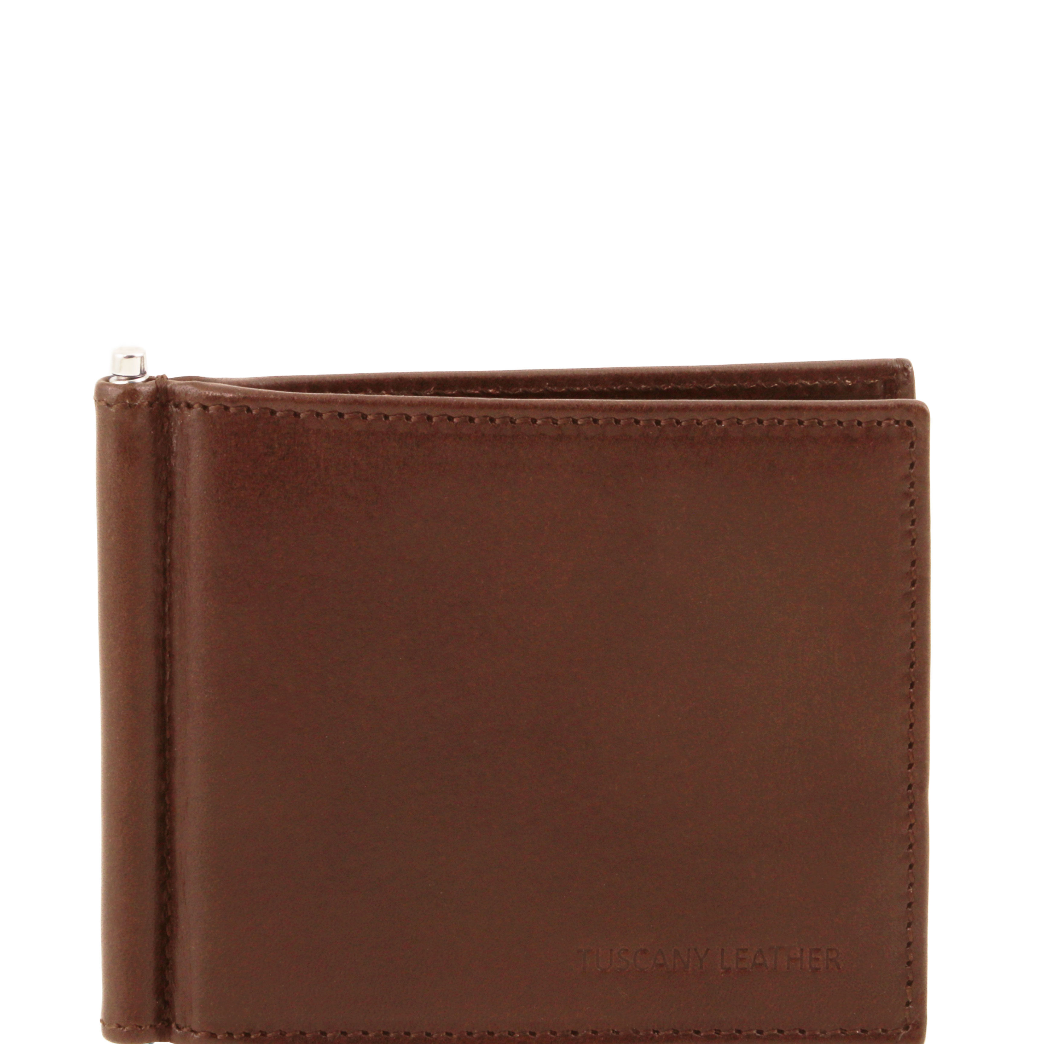 Portofel Tuscany Leather din piele maro credit/business cu cleste pentru bancnote