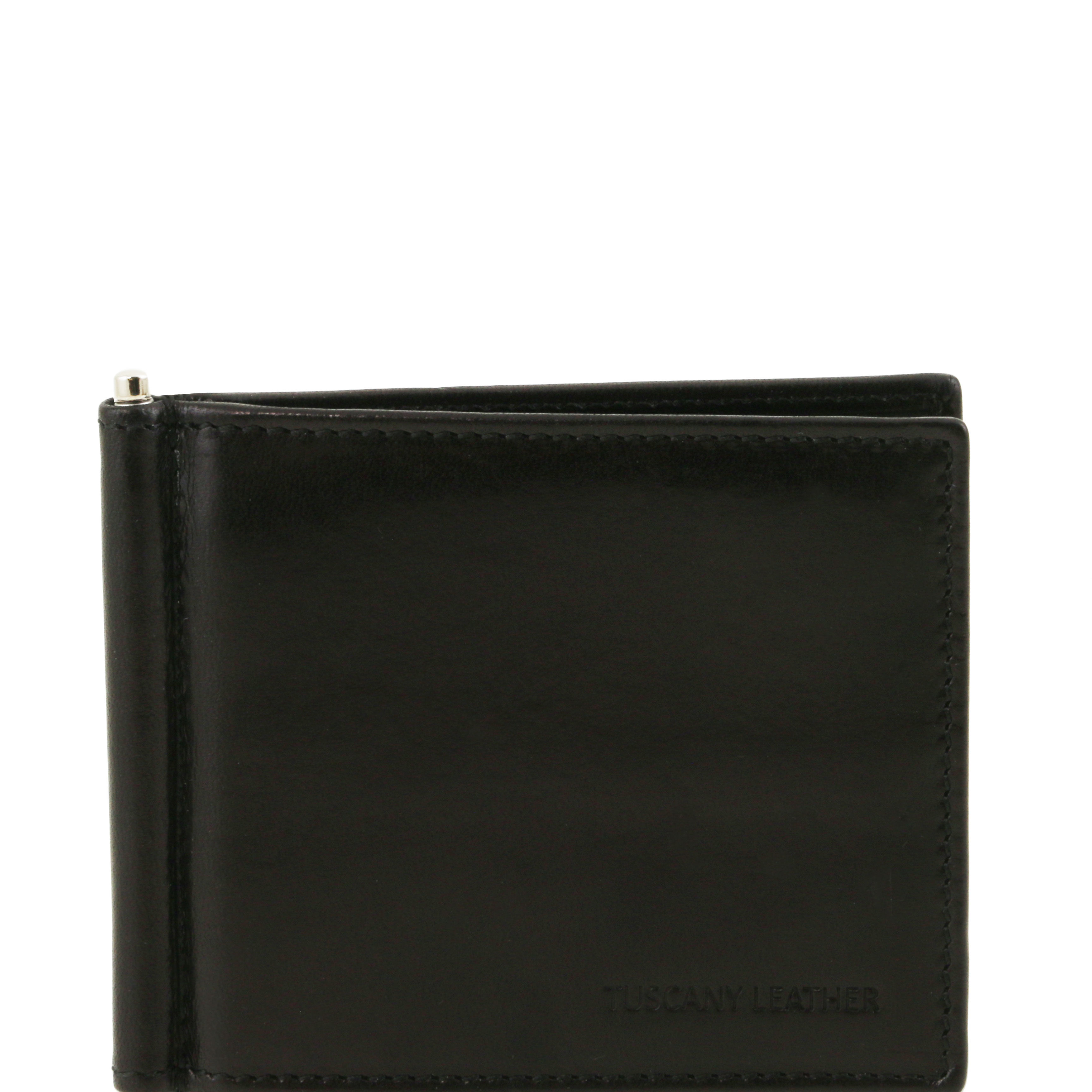 Portofel Tuscany Leather din piele negru credit/business cu cleste pentru bancnote
