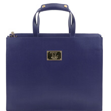 Servieta dama Tuscany Leather cu trei compartimente din piele saffiano albastru inchis Palermo