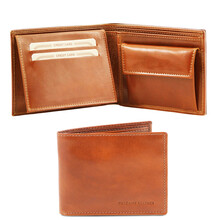 Portofel din piele Tuscany Leather cu trei pliuri si buzunar monede honey