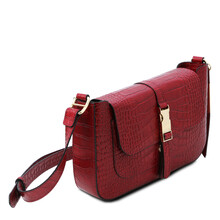 Geantă damă din piele roșie cu imprimeu croc, Tuscany Leather, Noemi