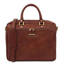 Pisa Leather laptop briefcase with front pocket Brown