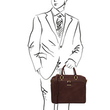 Pisa Leather laptop briefcase with front pocket Dark Brown