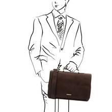 Mantova Leather multi compartment TL SMART briefcase with flap Dark Brown