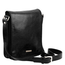 Geanta messenger barbati din piele naturala Tuscany Leather, neagra, cu doua compartimente
