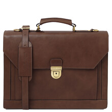 Cremona Leather briefcase 3 compartments Dark Brown