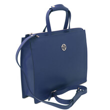 Servieta dama Tuscany Leather cu trei compartimente din piele saffiano albastru inchis Palermo