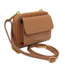 Urania Leather wallet/phone holder with strap Caramel