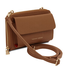 Urania Leather wallet/phone holder with strap Cognac