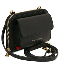 Urania Leather wallet/phone holder with strap Black