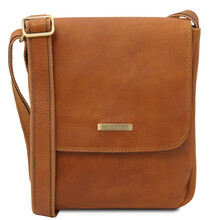 John Leather crossbody bag for men with front zip Natural