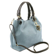 Geanta de umar shopper Tuscany Leather din piele printata bleu Keyluck