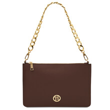 Diva Leather clutch with chain strap Coffee