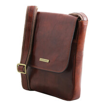 John Leather crossbody bag for men with front zip Dark Brown