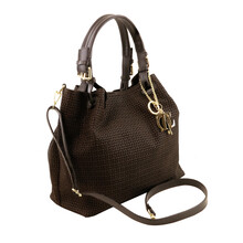 Geanta de umar shopper Tuscany Leather din piele printata maro inchis Keyluck