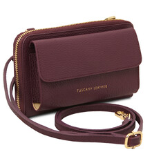 Urania Leather wallet/phone holder with strap Bordeaux