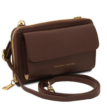 Urania Leather wallet/phone holder with strap Coffee