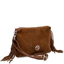 Nomade Suede leather fringe clutch Cognac