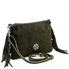 Nomade Suede leather fringe clutch Forest Green
