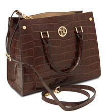 Croque Croc print leather handbag Coffee