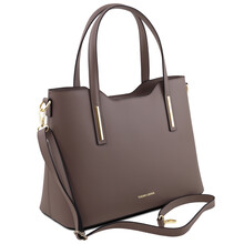 Geantă de umăr tote Tuscany Leather din piele naturală taupe închis Olimpia
