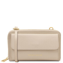 Urania Leather wallet/phone holder with strap Beige