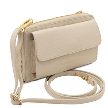 Urania Leather wallet/phone holder with strap Beige