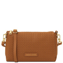 Dedalo Woven printed leather shoulder bag Cognac
