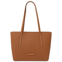 Dedalo Woven printed leather shopping bag Cognac