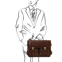 Ventimiglia Leather multi compartment briefcase with front pockets Dark Brown