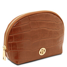 Vera Croc print leather toiletry case Cognac