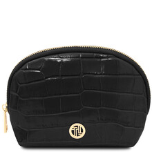 Vera Croc print leather toiletry case Black