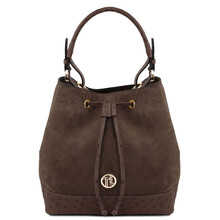 Ostrea Suede and ostrich-effect printed leather bucket bag Chocolate