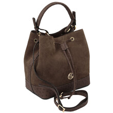 Ostrea Suede and ostrich-effect printed leather bucket bag Chocolate