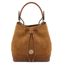 Ostrea Suede and ostrich-effect printed leather bucket bag Cognac