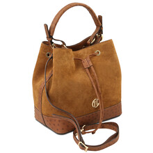 Ostrea Suede and ostrich-effect printed leather bucket bag Cognac