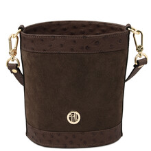 Ostrea Suede and ostrich-effect printed leather bucket bag Chocolate