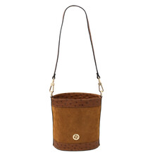 Ostrea Suede and ostrich-effect printed leather bucket bag Cognac