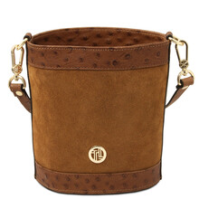 Ostrea Suede and ostrich-effect printed leather bucket bag Cognac