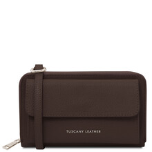Urania Leather wallet/phone holder with strap Chocolate