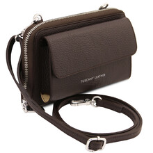 Urania Leather wallet/phone holder with strap Chocolate