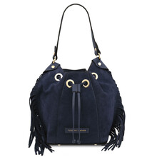 Nomade Suede leather fringe bucket bag Dark Blue