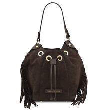 Nomade Suede leather fringe bucket bag Chocolate