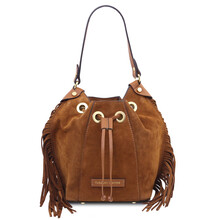 Nomade Suede leather fringe bucket bag Cognac