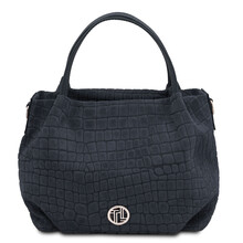 Nora Cocoon Suede leather handbag with croc print Dark Blue
